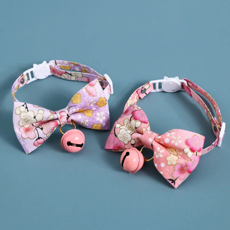 Japanese Style Cats Collar with Bell Cherry Blossoms Pattern Kitten